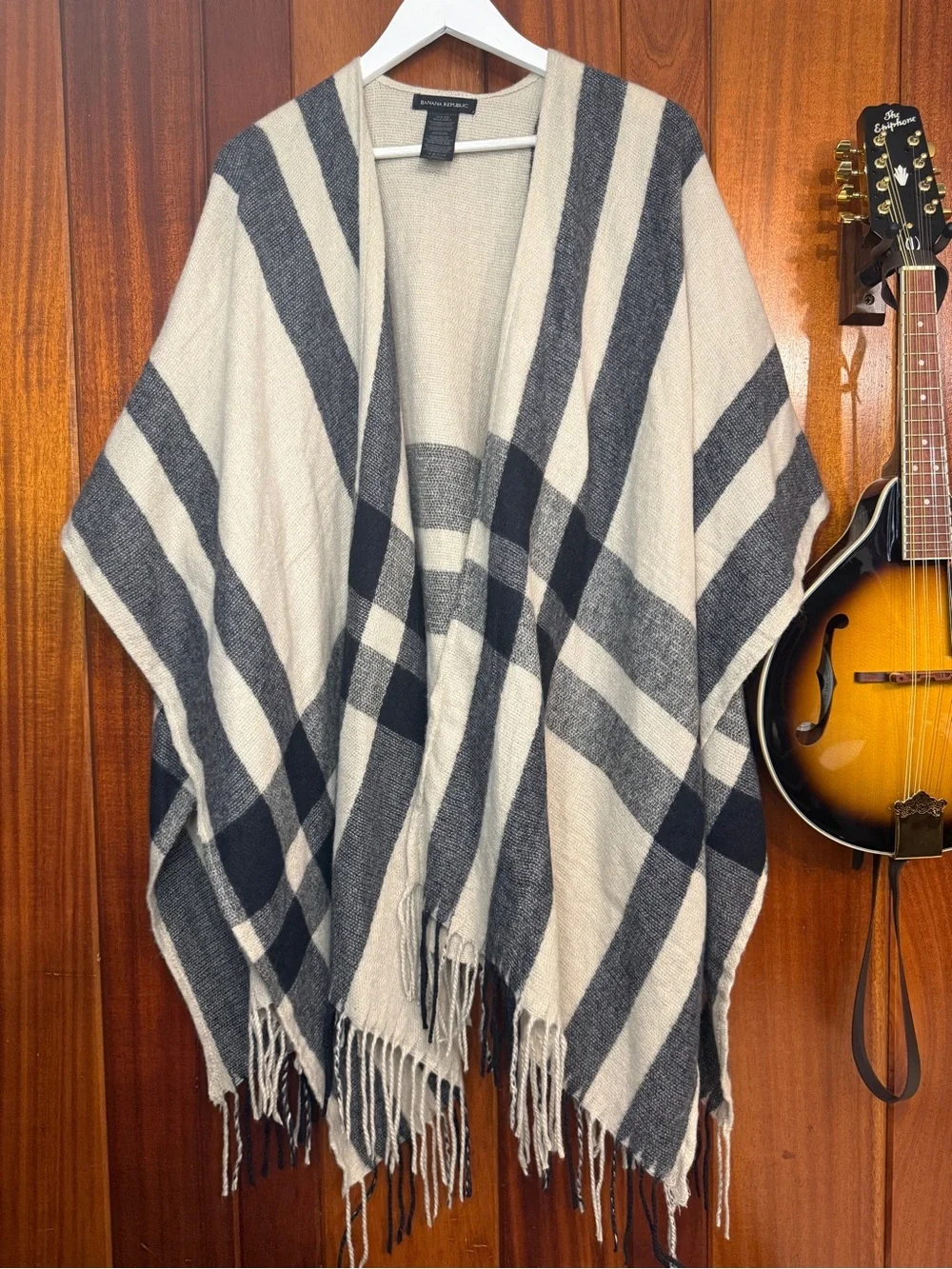 Banana Republic Black and Cream Plaid Fringe Poncho Wrap